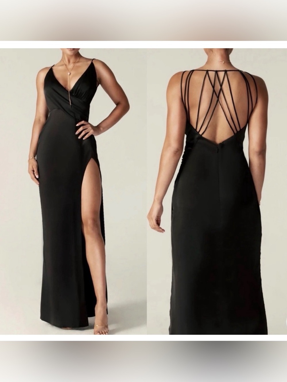 Aliava Marlyn Strappy Satin Evening Gown Prom Cage Back Thigh High Side Slit